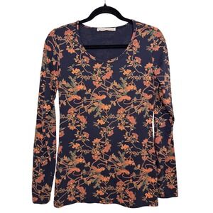 Peruvian Connection Floral Long Sleeve Top Size S Scoop Neck Navy Blue Layer